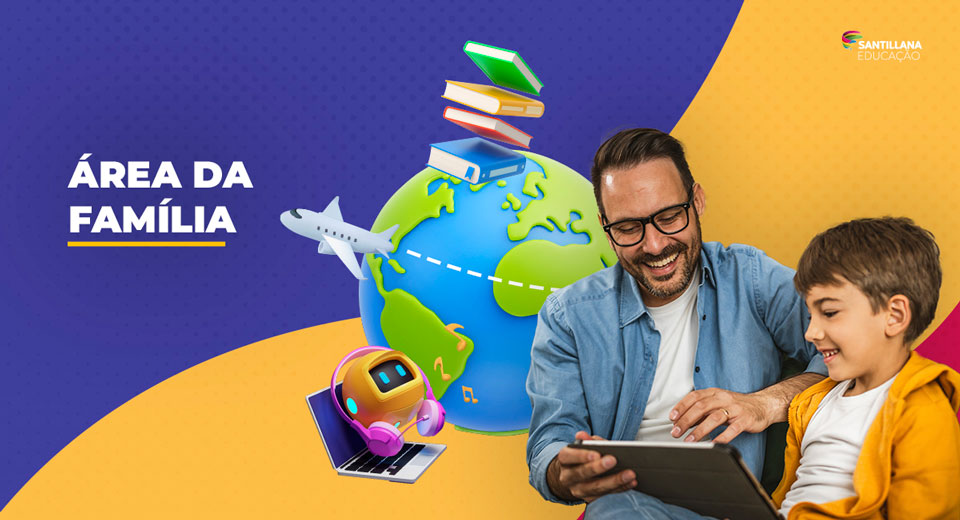 Ilustração globo da terra com livros, avião e notebook em volta, uma criação e um adulto vendo algo no tablet.