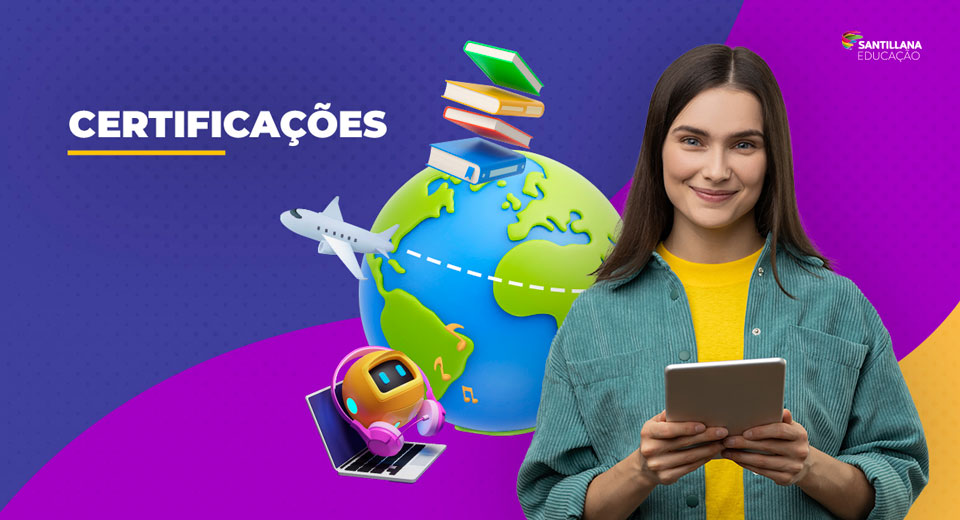 Ilustração de globo da terra com livros, avião e notebook em volta, uma jovem com tablet na mão.