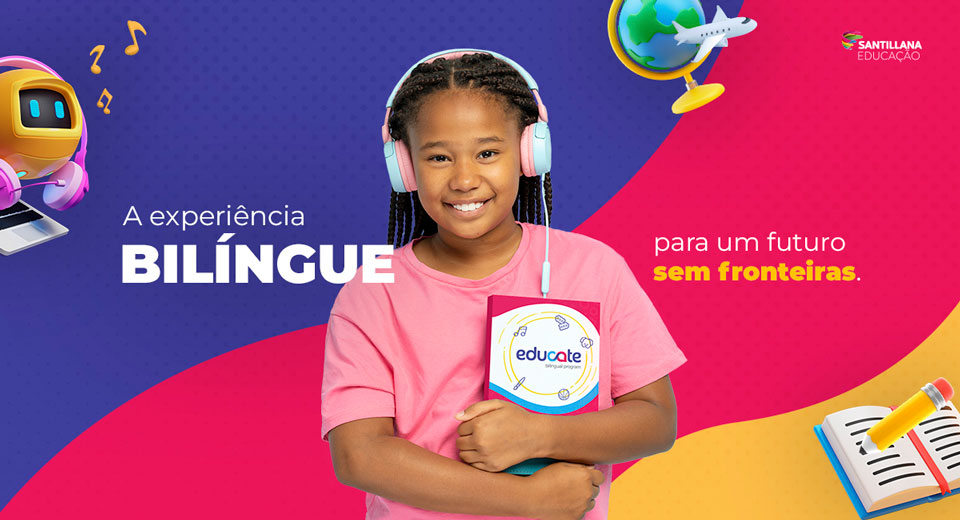 Ilustração de globo da terra com livros, avião e notebook em volta, uma criação com livro de Educate na mão.