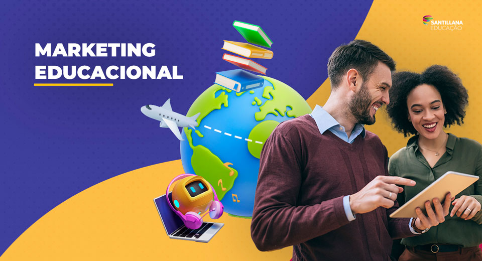 Ilustração de globo da terra com livros, avião e notebook em volta, um homem e uma mulher olham para o tablet.