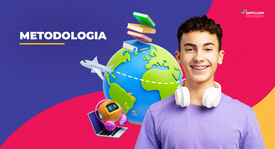 Ilustração de globo da terra com livros, avião e notebook em volta, um jovem sorri com fones de ouvido apoiado no ombro.