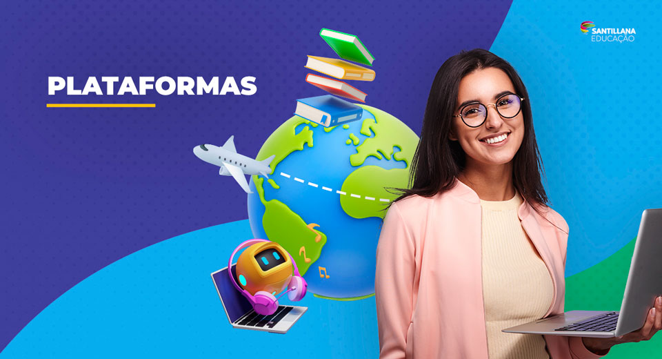 Ilustração de globo da terra com livros, avião e notebook em volta, uma mulher sorrindo e segurando um notebook na mão.
