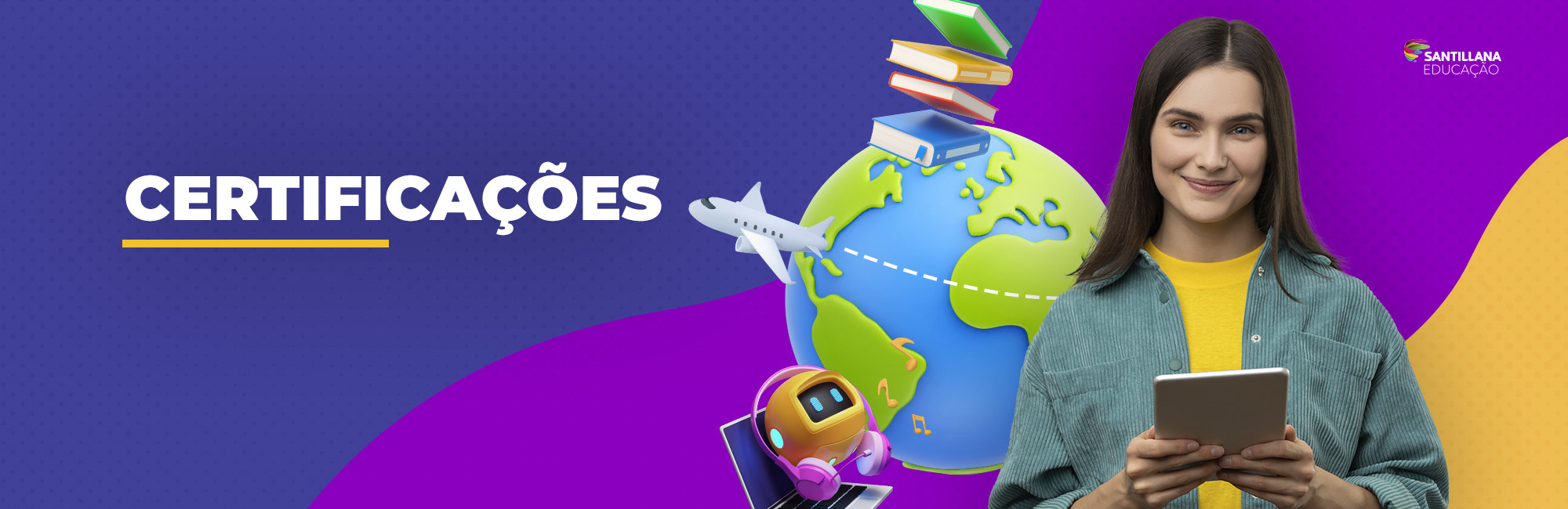 Ilustração de globo da terra com livros, avião e notebook em volta, uma jovem com tablet na mão.