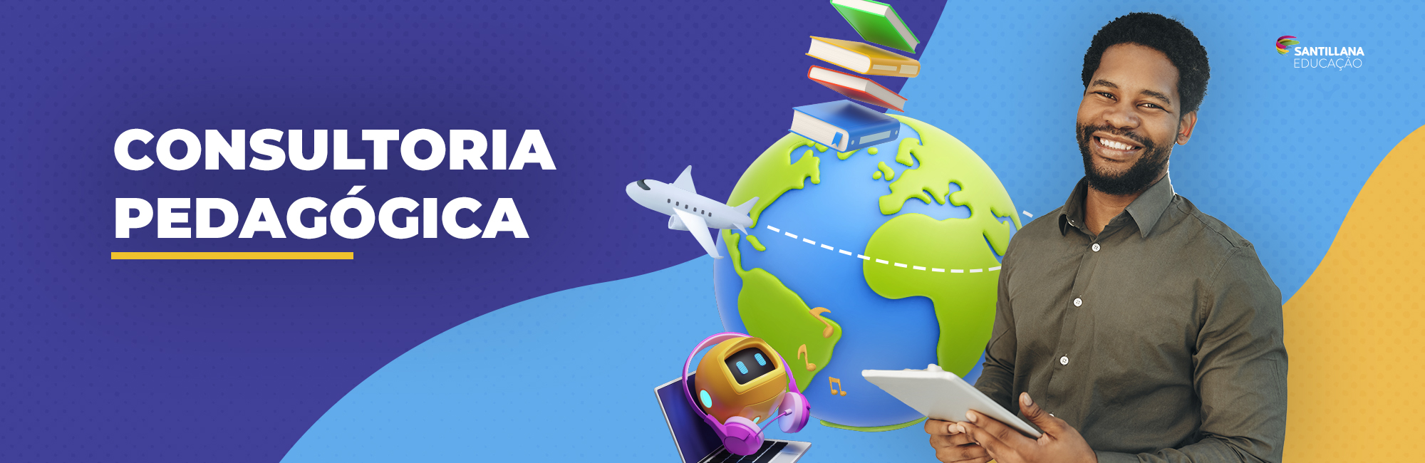 Ilustração de globo da terra com livros, avião e notebook em volta, um homem com tablet na mão.