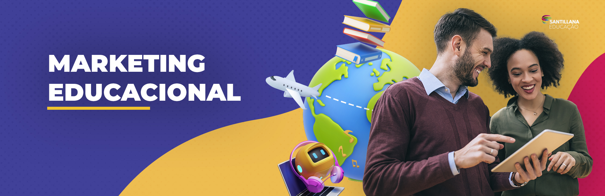 Ilustração de globo da terra com livros, avião e notebook em volta, um homem e uma mulher olham para o tablet.