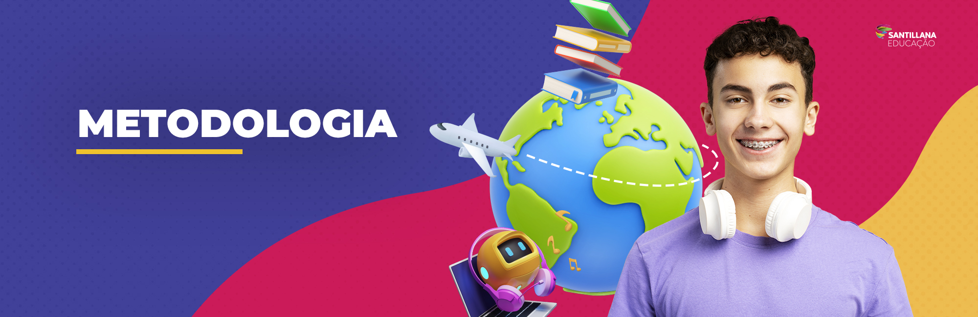 Ilustração de globo da terra com livros, avião e notebook em volta, um jovem sorri com fones de ouvido apoiado no ombro.