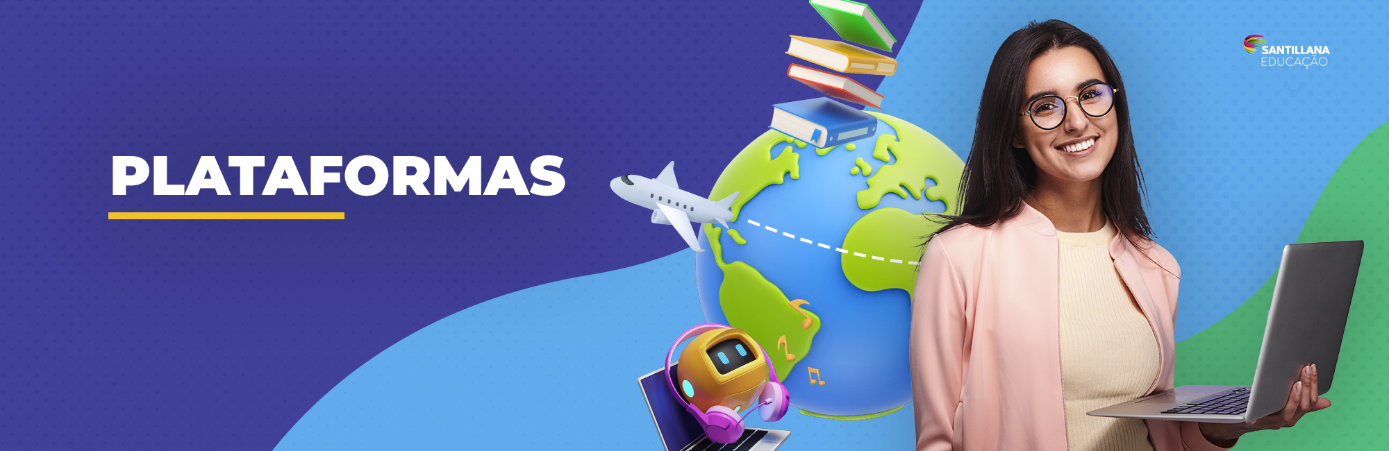 Ilustração de globo da terra com livros, avião e notebook em volta, uma mulher sorrindo e segurando um notebook na mão.