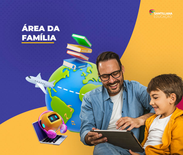 Ilustração globo da terra com livros, avião e notebook em volta, uma criação e um adulto vendo algo no tablet.
