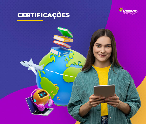 Ilustração de globo da terra com livros, avião e notebook em volta, uma jovem com tablet na mão.