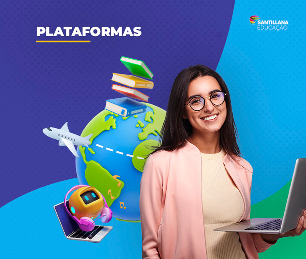 Ilustração de globo da terra com livros, avião e notebook em volta, uma mulher sorrindo e segurando um notebook na mão.